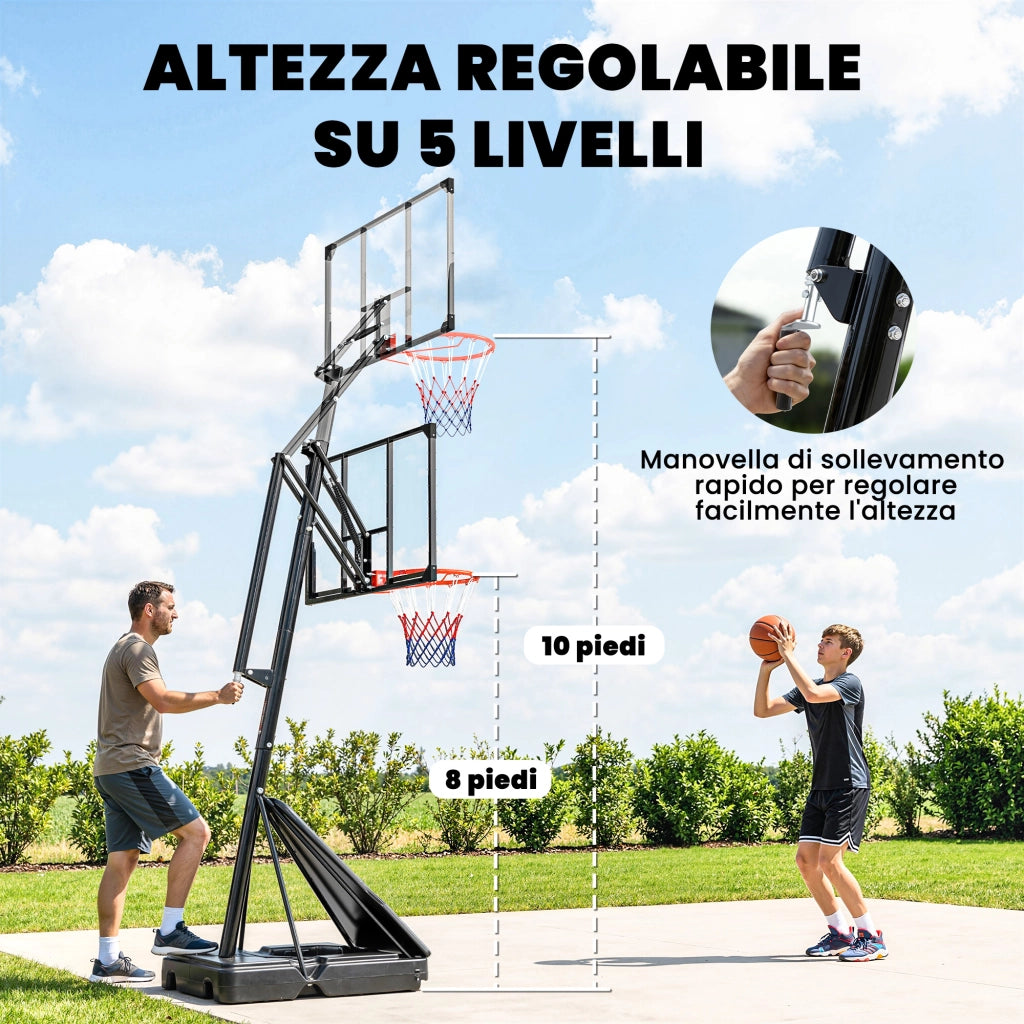 Canestro da Basket per Esterni con Base Riempibile, in Acciaio, PE e PC, 120x120x245-305 cm