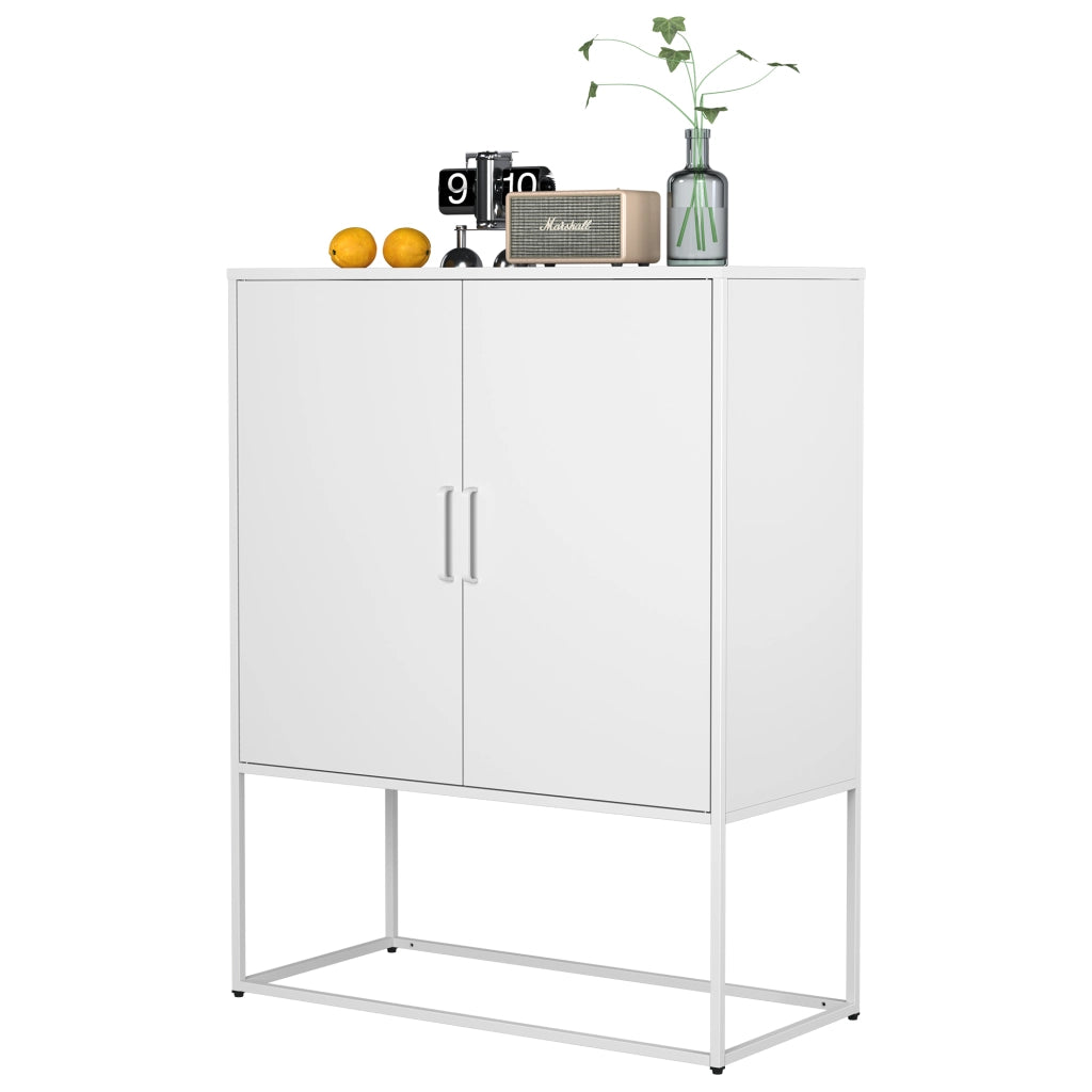 Credenza in metallo con 2 ripiani; ante magnetiche e sistema antiribaltamento per soggiorno e cucina; bianco; 85 × 40 × 109 cm