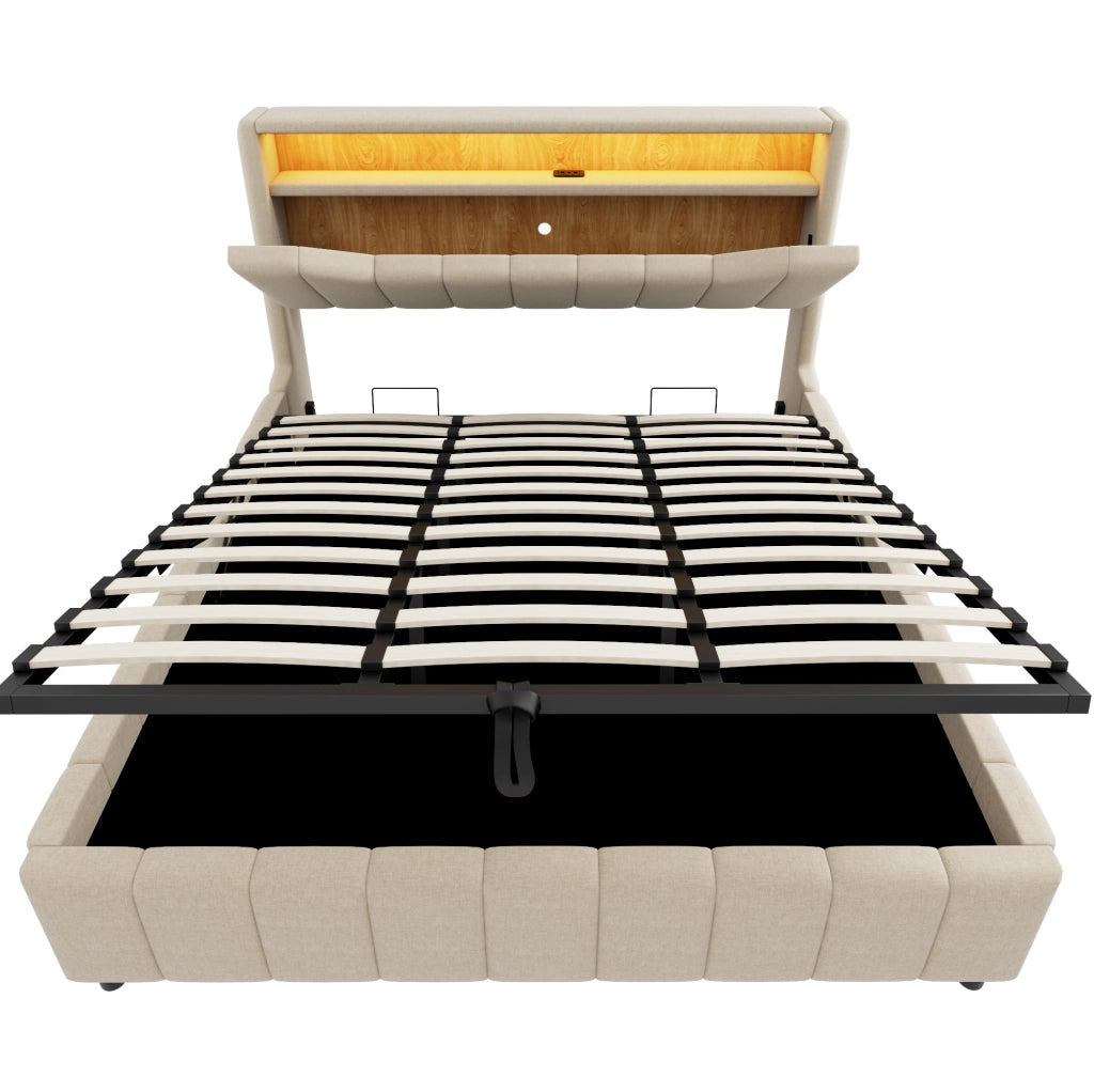 Letto matrimoniale contenitore 214.5x181x107.5 cm con sistema idraulico; LED e testiera contenitore in tessuto beige