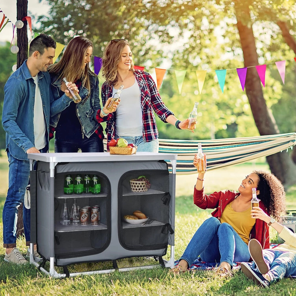 Tavolo Pieghevole da Campeggio in Alluminio a 4 Livelli, Tavolo Picnic Richiudibile con Ante in Rete con Cerniera, Borsa per il Trasporto, Cucina da Esterno, Picnic, Barbecue, Festa