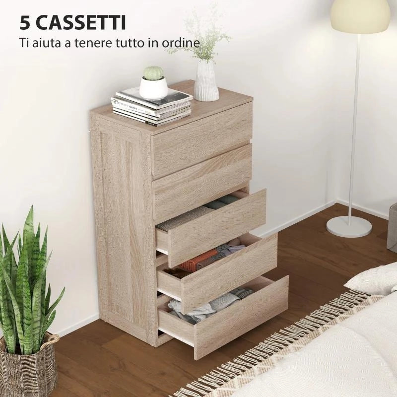CASSETTIERA 5 CASSETTI IN LEGNO CON GUIDE IN METALLO E MANIGLIE SCANALATE, 60X39X100 CM, COLOR FAGGIO