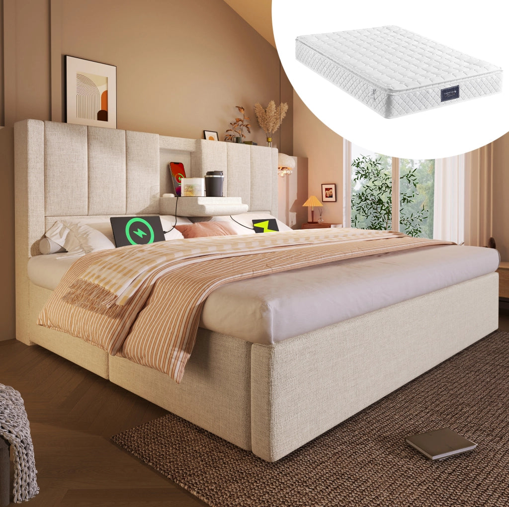 Letto imbottito 140x200 cm beige con materasso, USB-C e vano