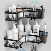 Organizzatore per la doccia senza fori, 2 pezzi, autofissante, angolare, organizzatore per la doccia in acciaio inossidabile con 4 ganci e 2 tenitori per dentifricio, pannello per la doccia nero, maniglione per la doccia per la stanza da bagno, cucina