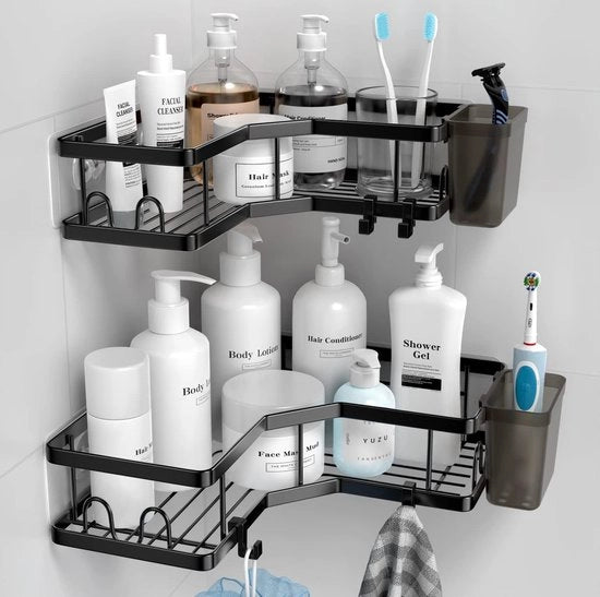 Organizzatore per la doccia senza fori, 2 pezzi, autofissante, angolare, organizzatore per la doccia in acciaio inossidabile con 4 ganci e 2 tenitori per dentifricio, pannello per la doccia nero, maniglione per la doccia per la stanza da bagno, cucina