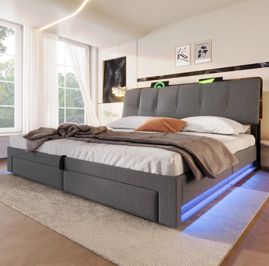 LETTO Contenitore 180x200 cm Lino Grigio con USB e LED