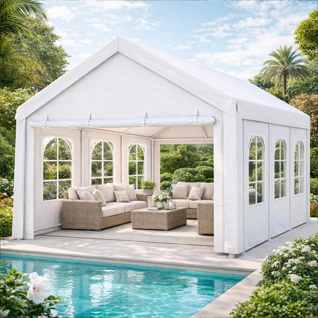 Gazebo Per Giardino Con Struttura In Pannelli Laterali Modulabili E Finestre Trasparenti Ideale Per Eventi Feste Catering Spazi Outdoor Elegante Impermeabile 6 x 4 x 3.15 Metri Bianco