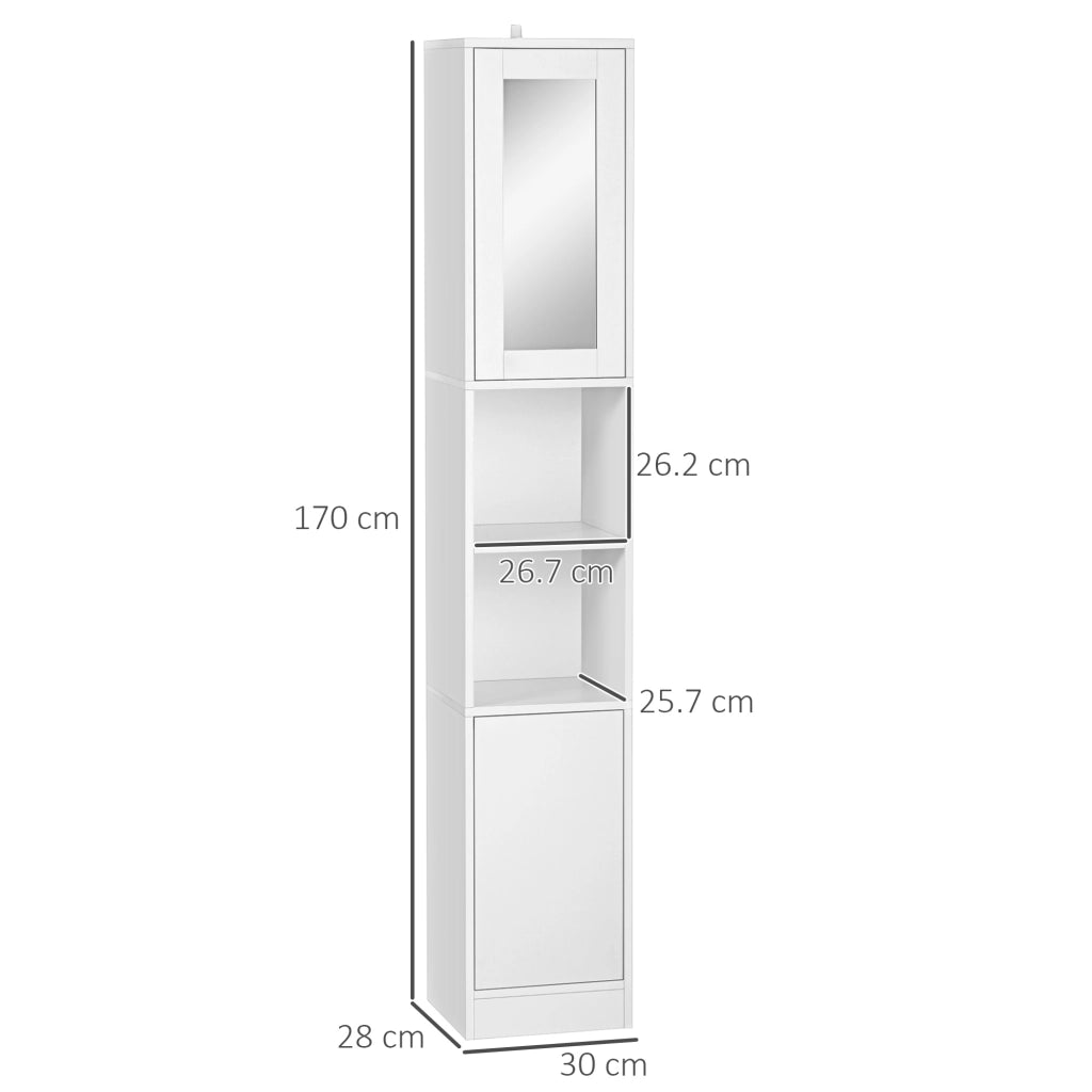 Colonna Bagno Salvaspazio in Legno con Specchio e Apertura a Pressione, 30x28x170cm, Bianco
