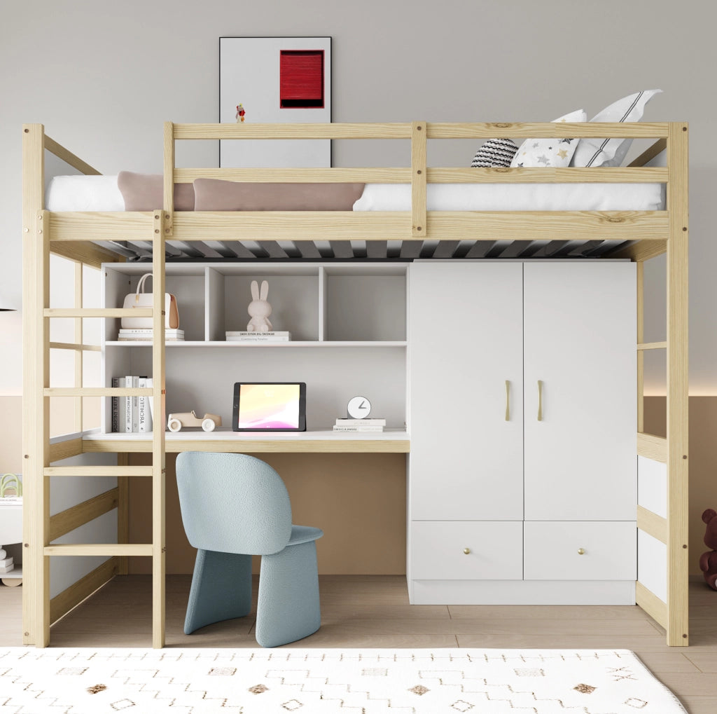 Letto a soppalco 90x200 cm in legno con scrivania, armadio e cassetti