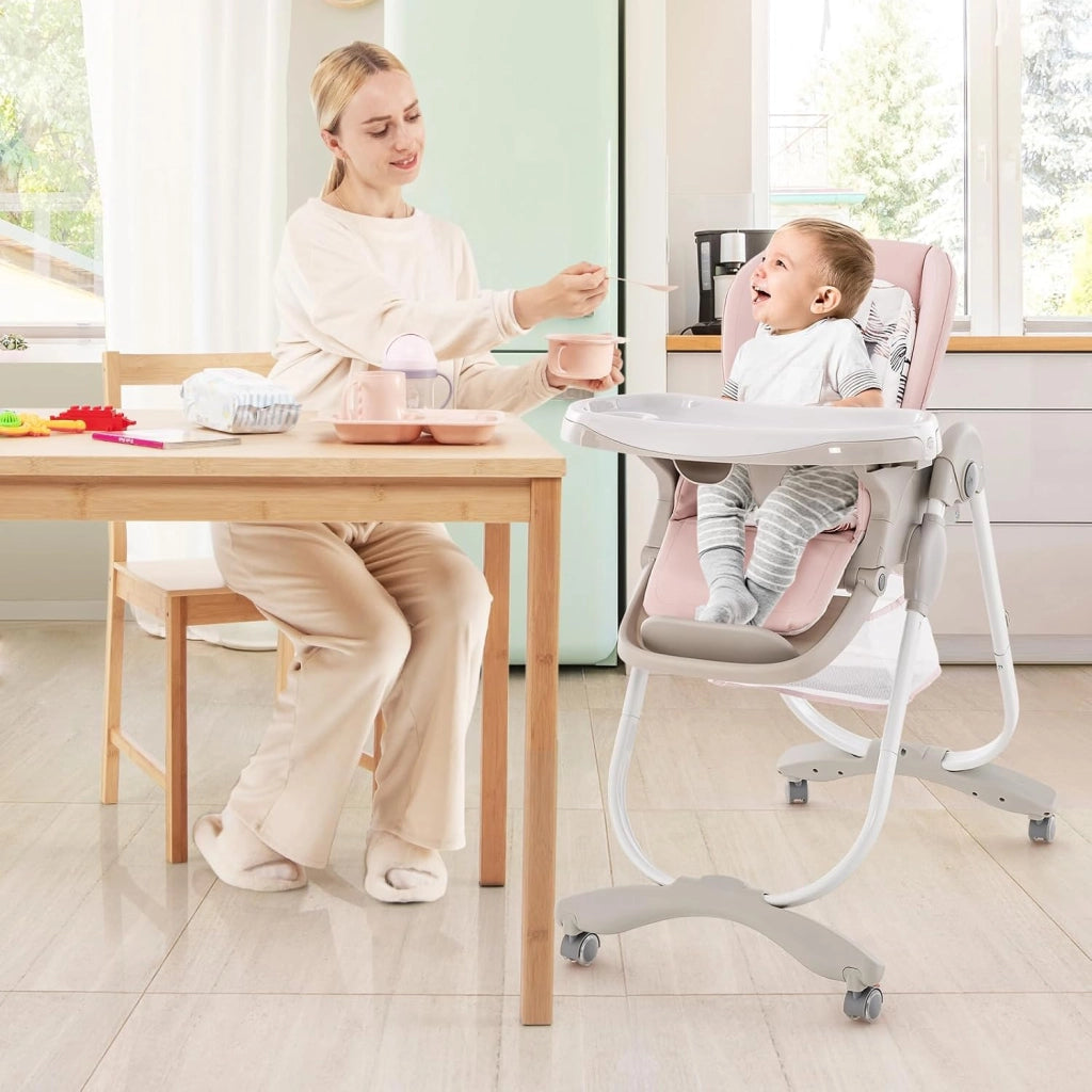 Seggiolone Pappa Bambini Pieghevole, Altezza Regolabile (Rosa) | Seggiolone Multifunzione con 4 Ruote, Poggiapiedi e Schienale, Vassoio Rimovibile, per 6-36 Mesi, Fino a 15 kg