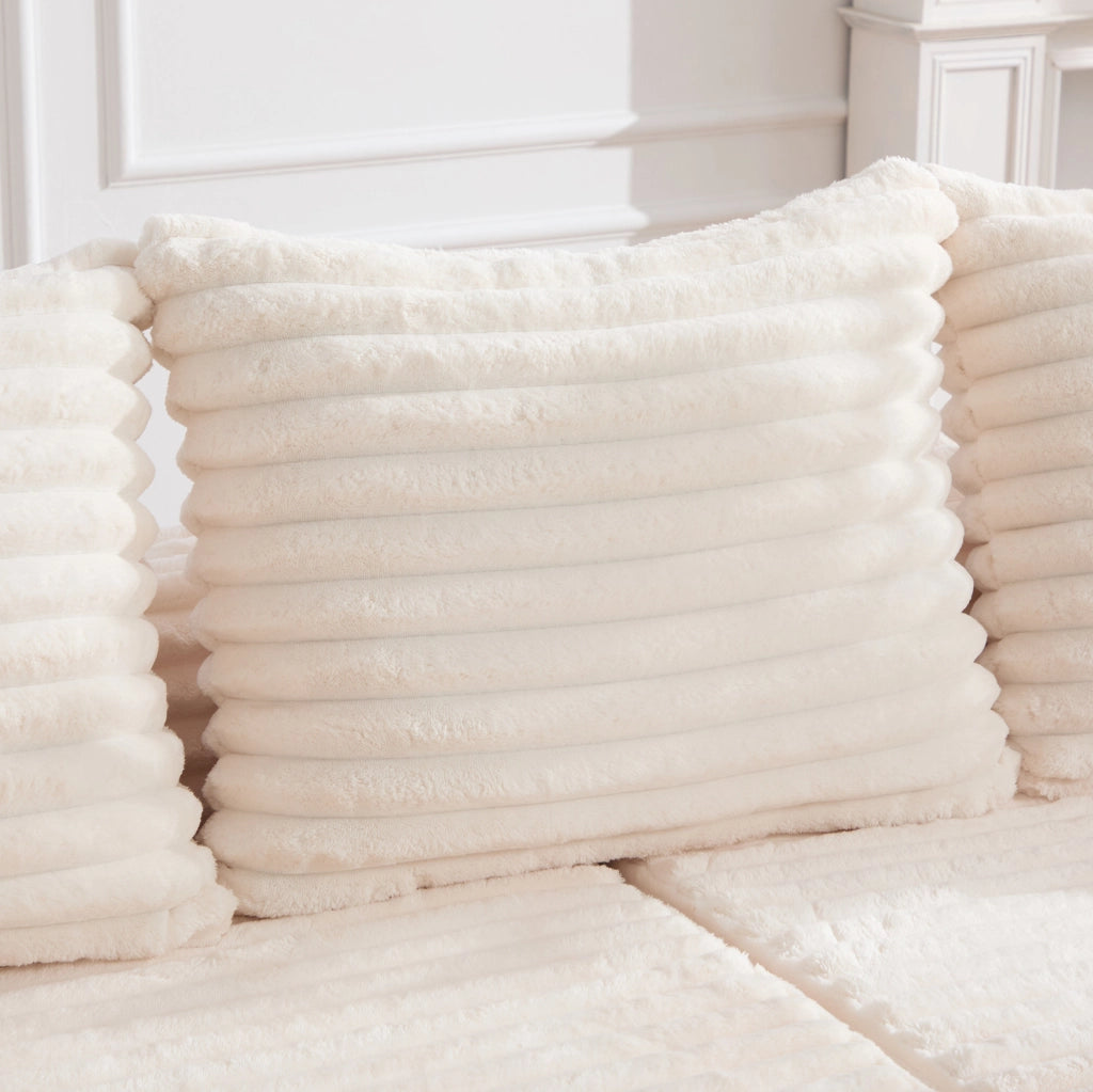 Divano componibile in tessuto corduroy beige 273x98x87 cm; con tasche laterali e portabicchieri