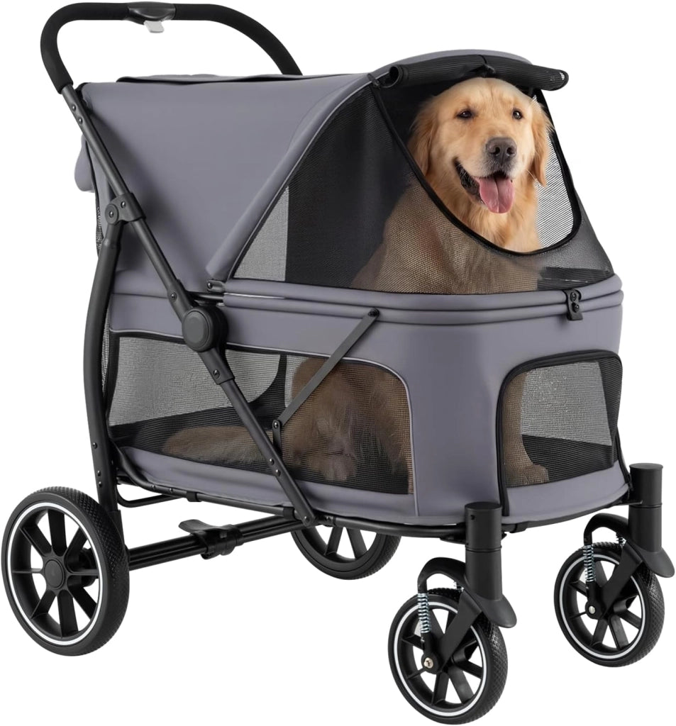 Passeggino Pieghevole per Cani, Carrozzina per Cani Fino a 40 kg con Entrata Bassa, Finestra Regolabile in Rete, Tasche Portaoggetti e Cintura di Sicurezza per Animali Tutte le Taglie (Grigio)