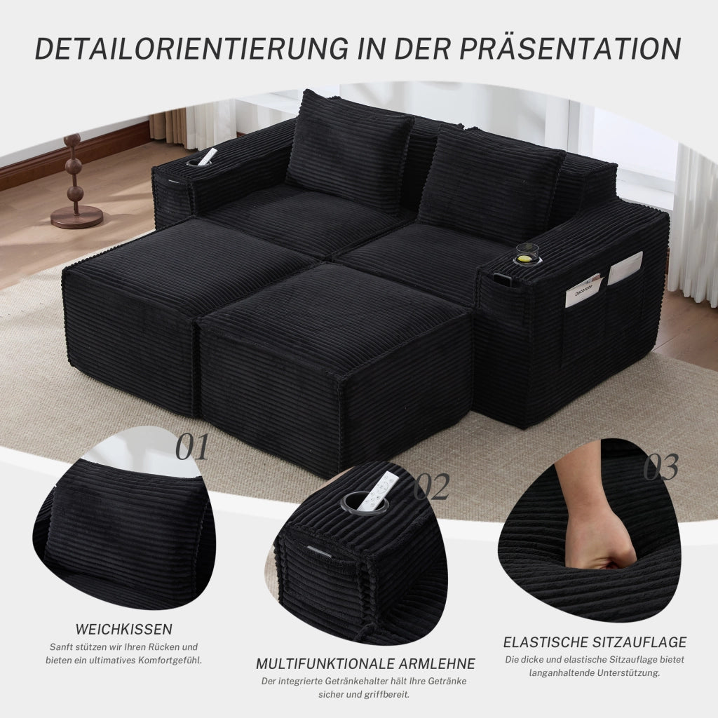 Divano modulare 2 posti in tessuto a coste con 2 pouf, portabicchieri e tasche, imbottitura in molle e schiuma, nero