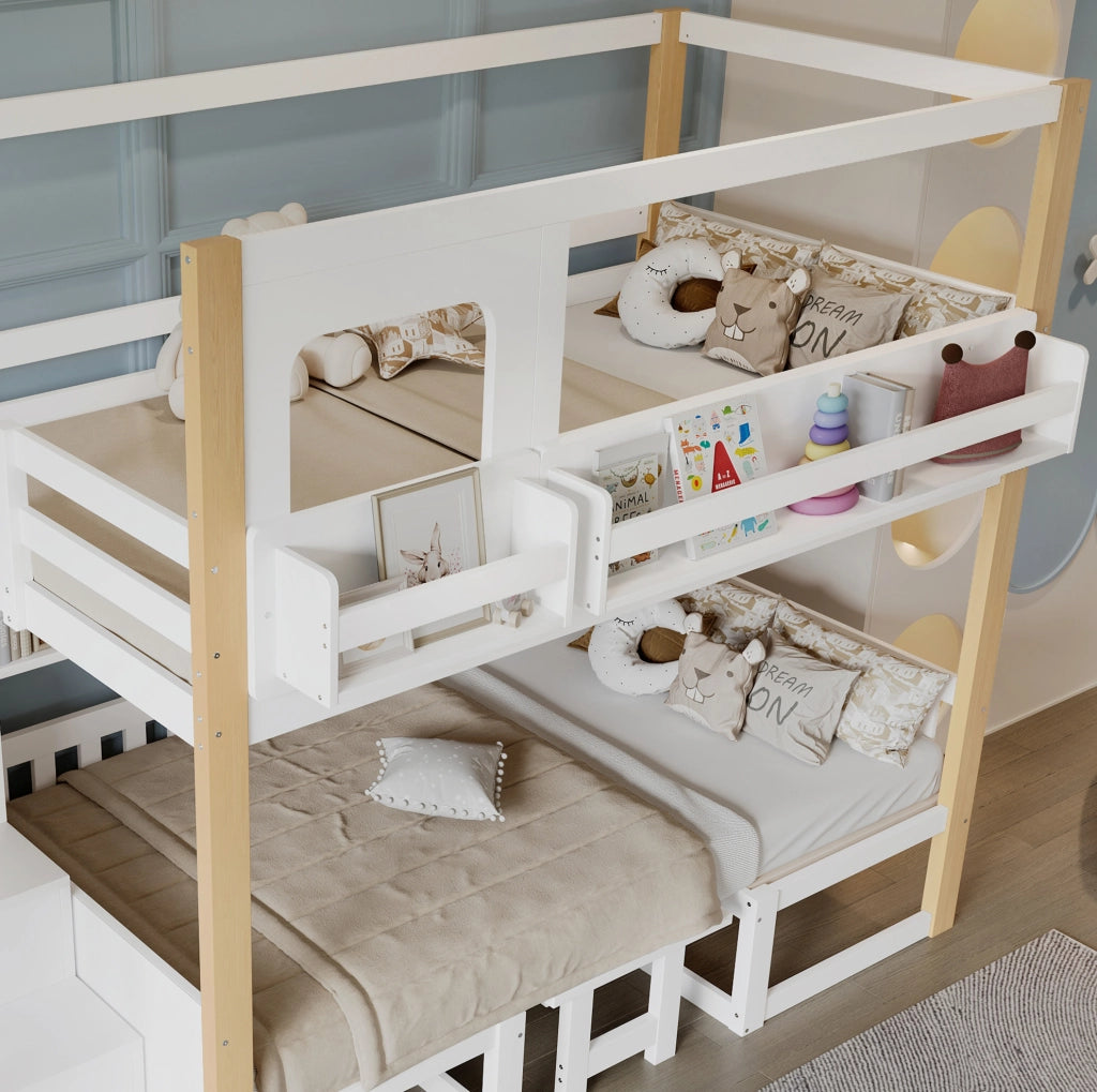 Letto a castello per bambini 90x200 cm con tavolo pieghevole regolabile; scala contenitore; bianco e naturale