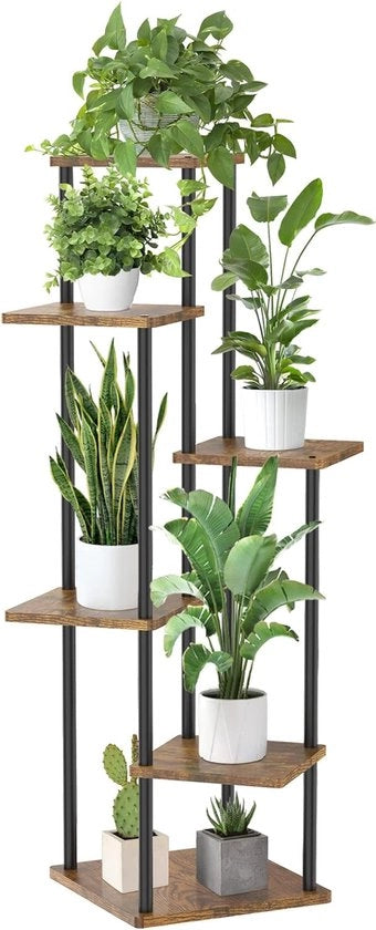 Stand per piante in legno metallico 6 livelli per esterni, 115 cm, piatto per fiori, piatto per piante, per multiple piante, scala per piante per esterni, per balcone, per giardino, per soggiorno (nero)