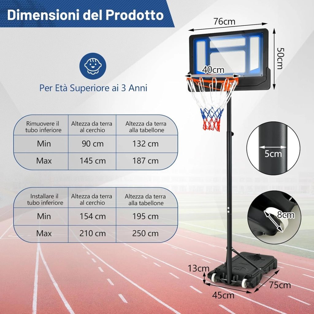 Canestro Basket da Interno ed Esterno Portatile e Regolabile in Altezza 90-210cm, Canestro da Basket per Bambini con Ruote, Incavo per Pallone e Tabellone Infrangibile