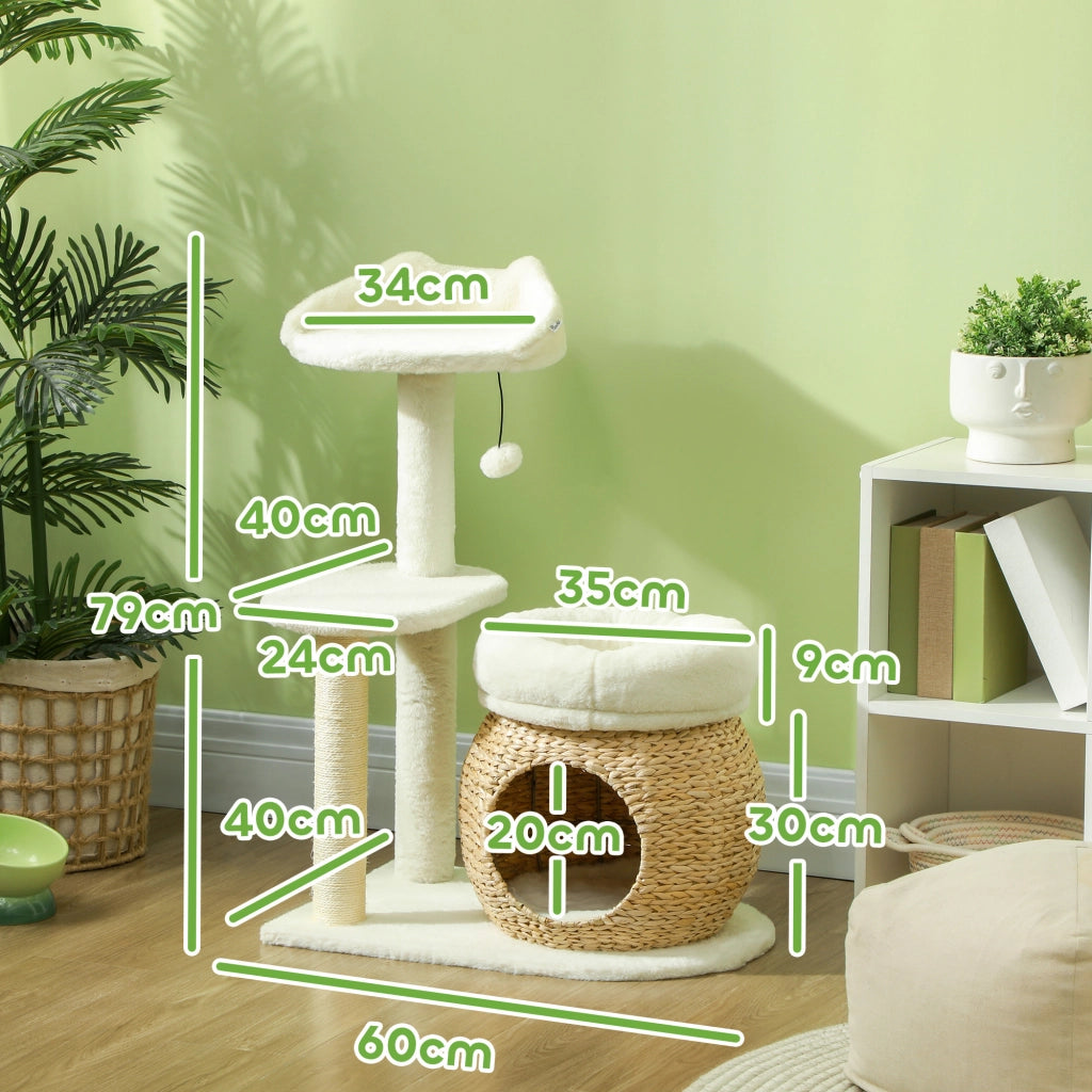 Albero tiragraffi per gatti 79 cm con 2 lettini, cuccia, piattaforma e palla gioco, crema bianco