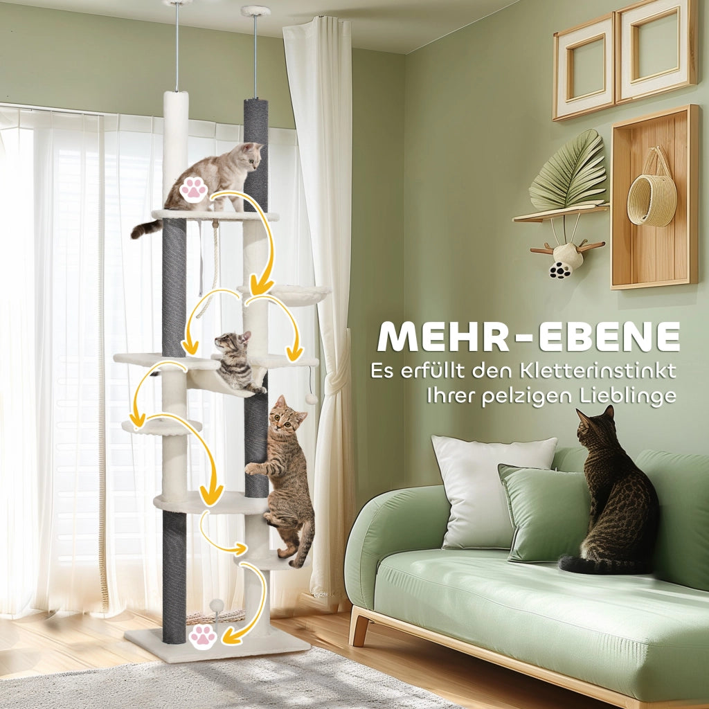Albero tiragraffi per gatti regolabile con piattaforme e amaca ¨C zephmum ¨C Bianco 225-255 cm