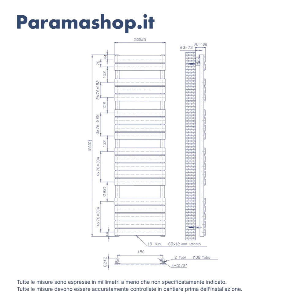 Termoarredo idraulico 1800x500 nero opaco interasse 450 | Andromeda