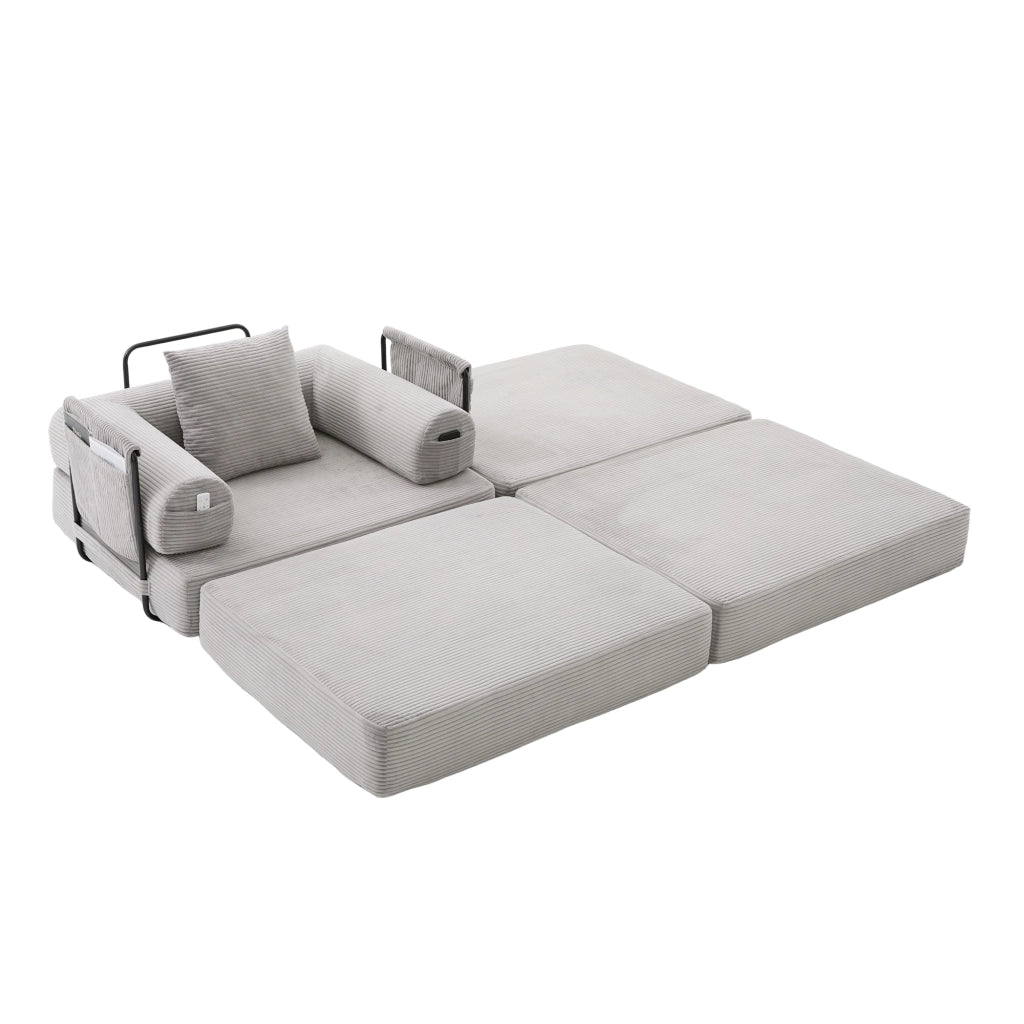 Divano modulare in corduroy con pouf, struttura in metallo, cuscino e tasca laterale, grigio chiaro