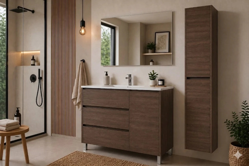 Mobile Bagno VOLUM Già Montato 3 cassetti e porta, lavabo e specchio Frassino tea 120x45 cm con colonna