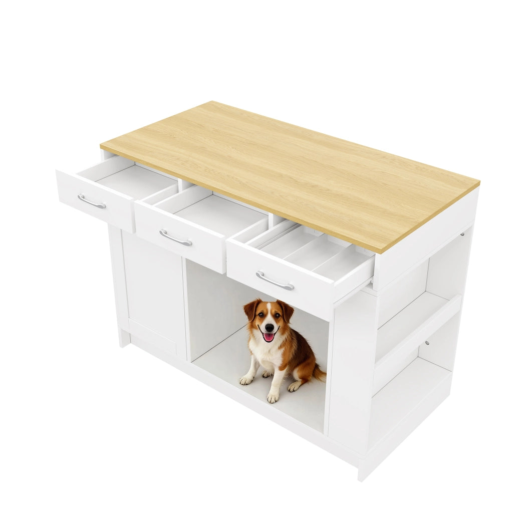 Carrello da cucina con 3 cassetti, 1 porta spezie, ripiano regolabile e area per animali, bianco