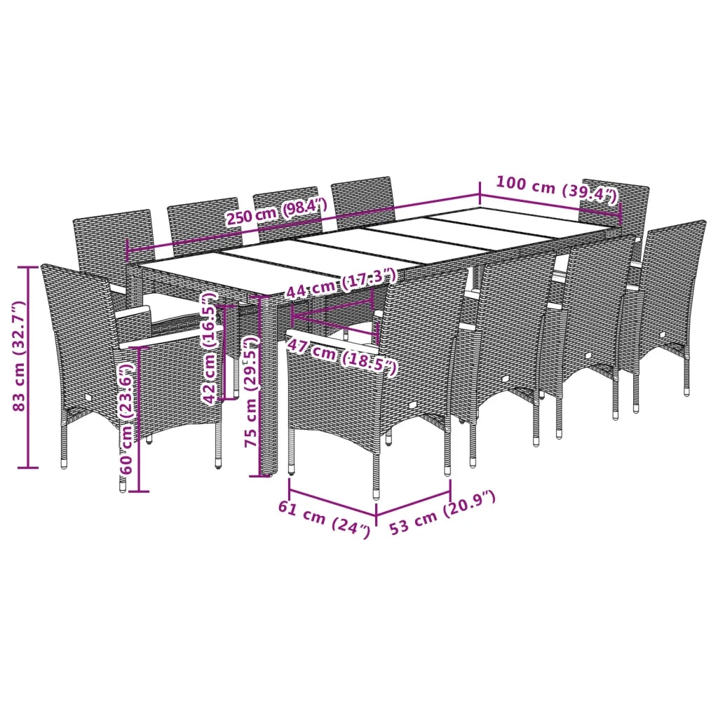 Set da Pranzo da Giardino 11 pz con Cuscini Polyrattan e Vetro 3278738