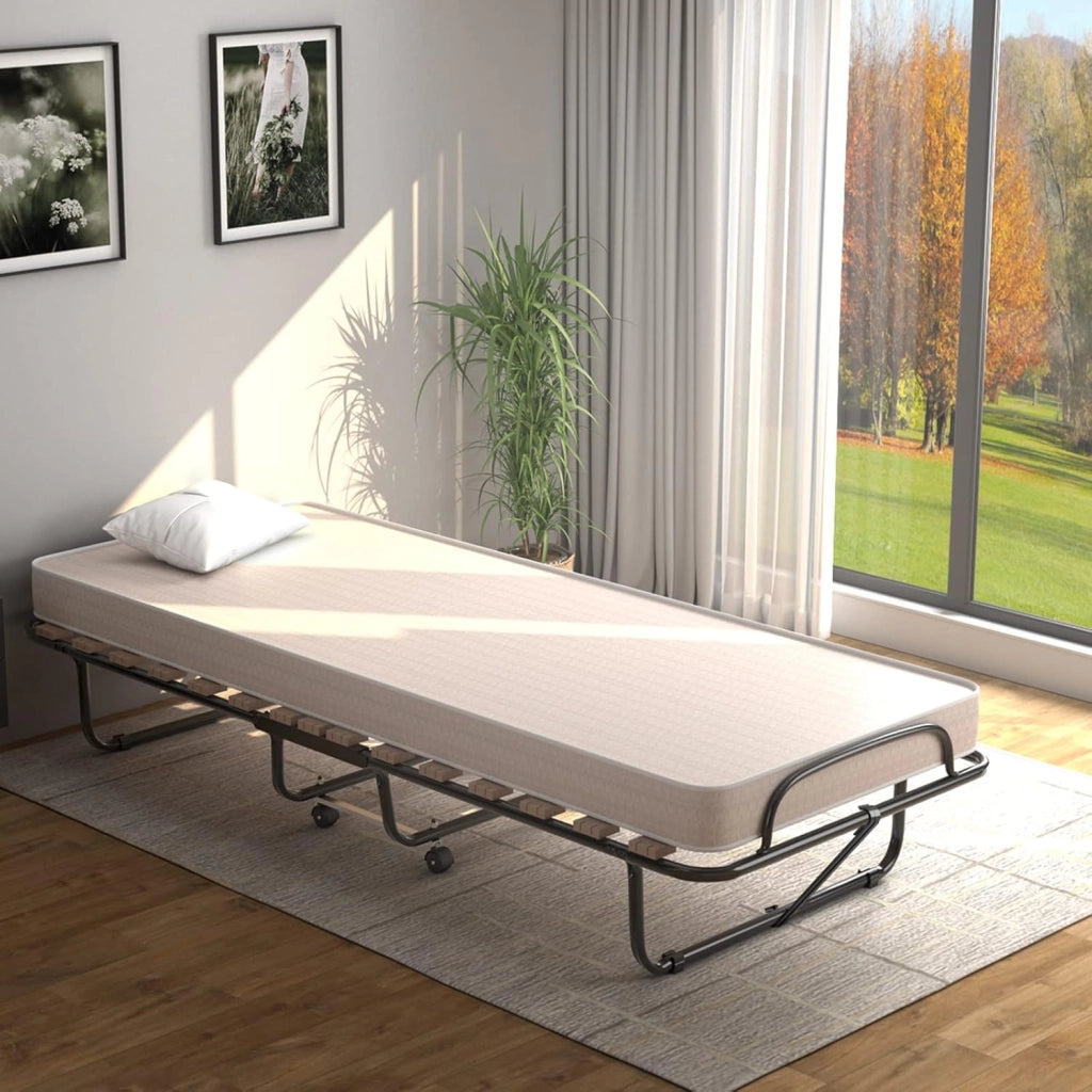 Letto Pieghevole, Singolo con 4 Ruote, 4 Gambe in Mettallo, Fibbia Fissata, 80 x 190 cm, Materasso di 10 cm, Ideale per Viaggio e di Riserva