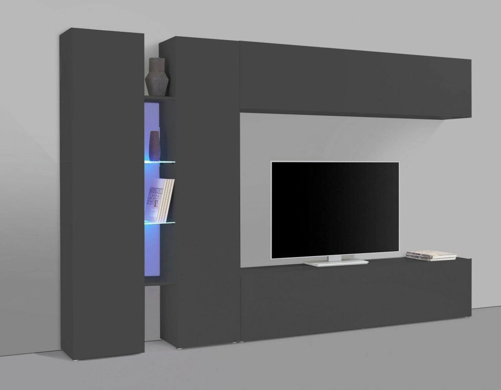 Parete attrezzata Enstatite, Set salotto porta TV a 4 ante, Mobile soggiorno multiuso, 100% Made in Italy, cm 280x30x180, Antracite