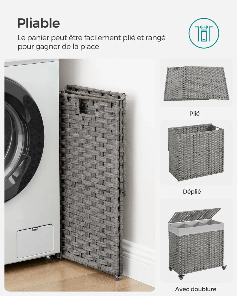 Cesto portabiancheria intrecciato a mano 140 litri imitazione rattan 3 scomparti sacco rimovibile coperchio manici facile da montare soggiorno bagno 66 x 33 x 60 cm grigio 12_0006777