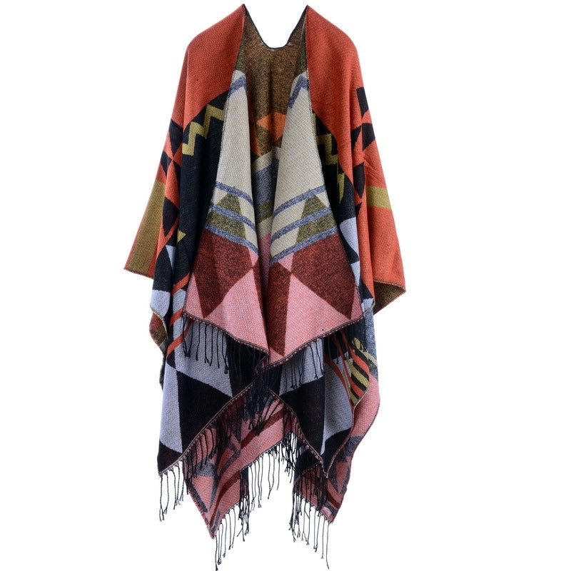 Sciarpa/mantella da viaggio in cashmere extra lungo e spesso, stile boh¨¦mien, europeo e americano, con nappe, autunno e inverno, stile etnico, con spacco, stile europeo e americano.