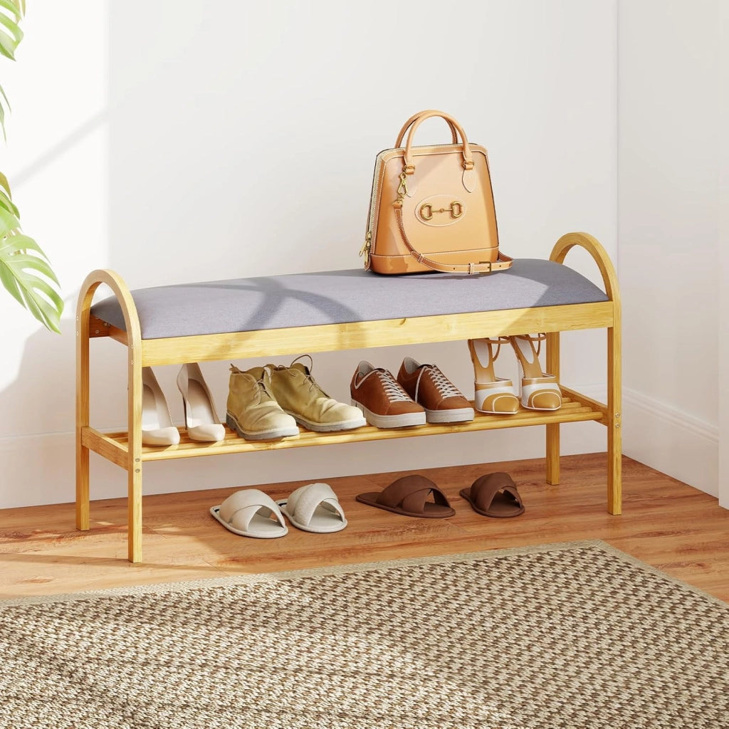 Panca Porta Scarpe in Bambù con Seduta, Mobile Scarpe da Ingresso con Coperchio a Ribalta, Scomparto Nascosto, Organizzatore per Soggiorno, Camera o Corridoio, 101 x 31 x 51 CM (Grigio)