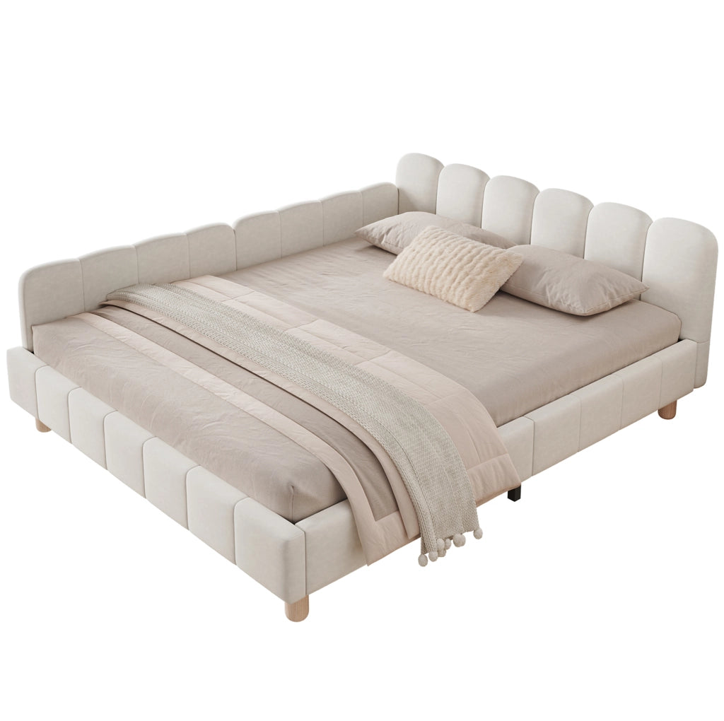 Letto per bambini 140x190 cm in velluto beige con testiera ergonomica e tasche laterali