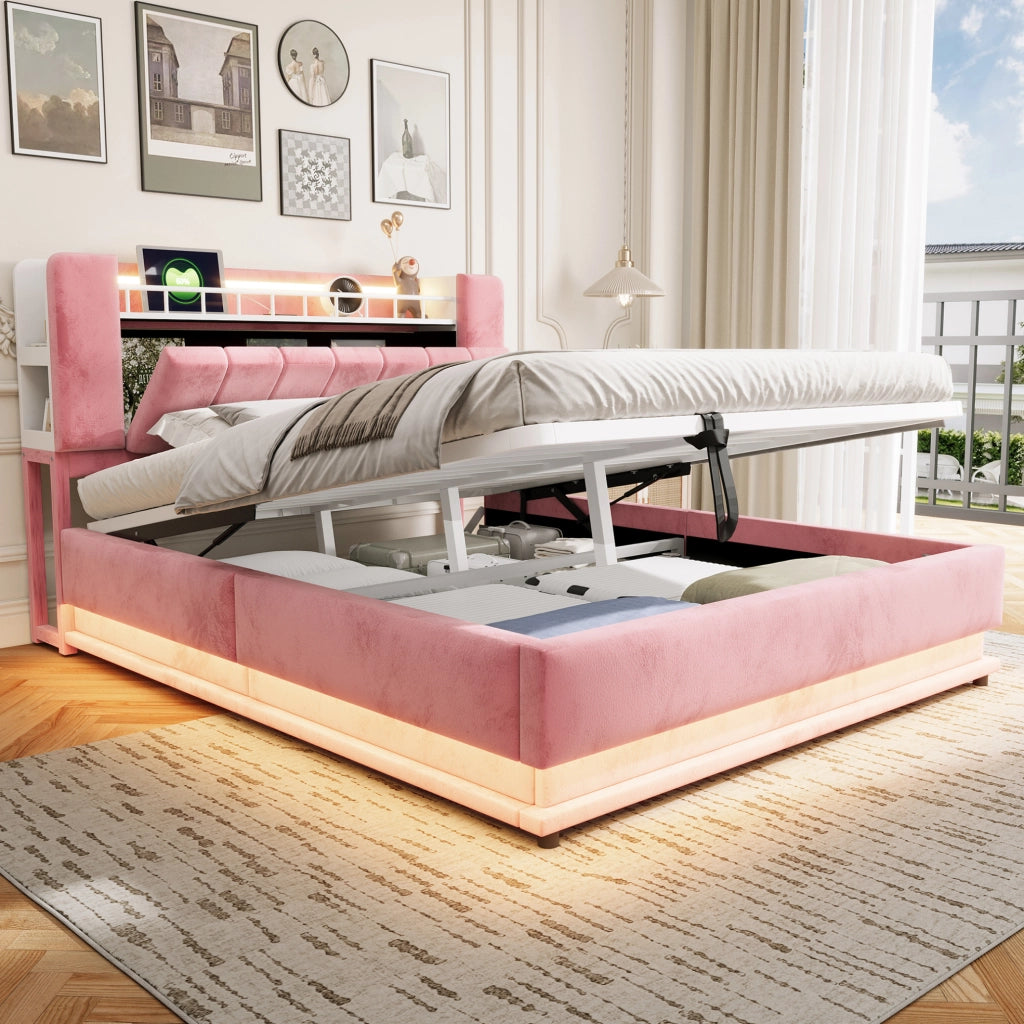 Letto imbottito 160x200 cm con LED; USB; contenitore idraulico e rivestimento in velluto rosa