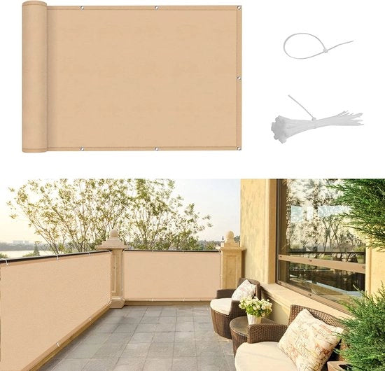 Schermo per balcone, protezione visiva, 90 x 600 cm, copertura per balcone, protezione UV PES, copertura per balcone, resistente all'usura, con cavi avvolgenti, sabbia beige