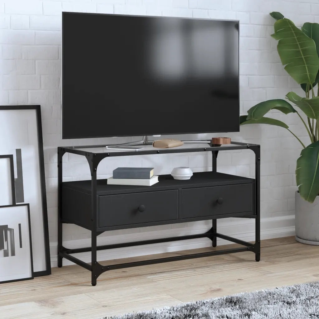 Mobile TV | Armadietto TV | Mobile Porta TV con Piano in Vetro Nero 80x35x51 cm Legno Multistrato