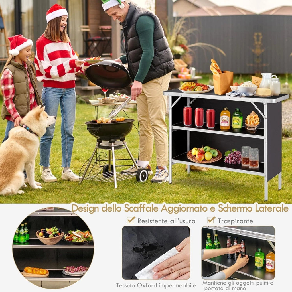 Cucina da Campeggio Pieghevole con Telaio in Alluminio, Mobile da Campeggio con 3 Ripiani e Borsa per Trasporto, Cucina da Esterno per Attività all'Aperto, Picnic e Barbecue (Nero)