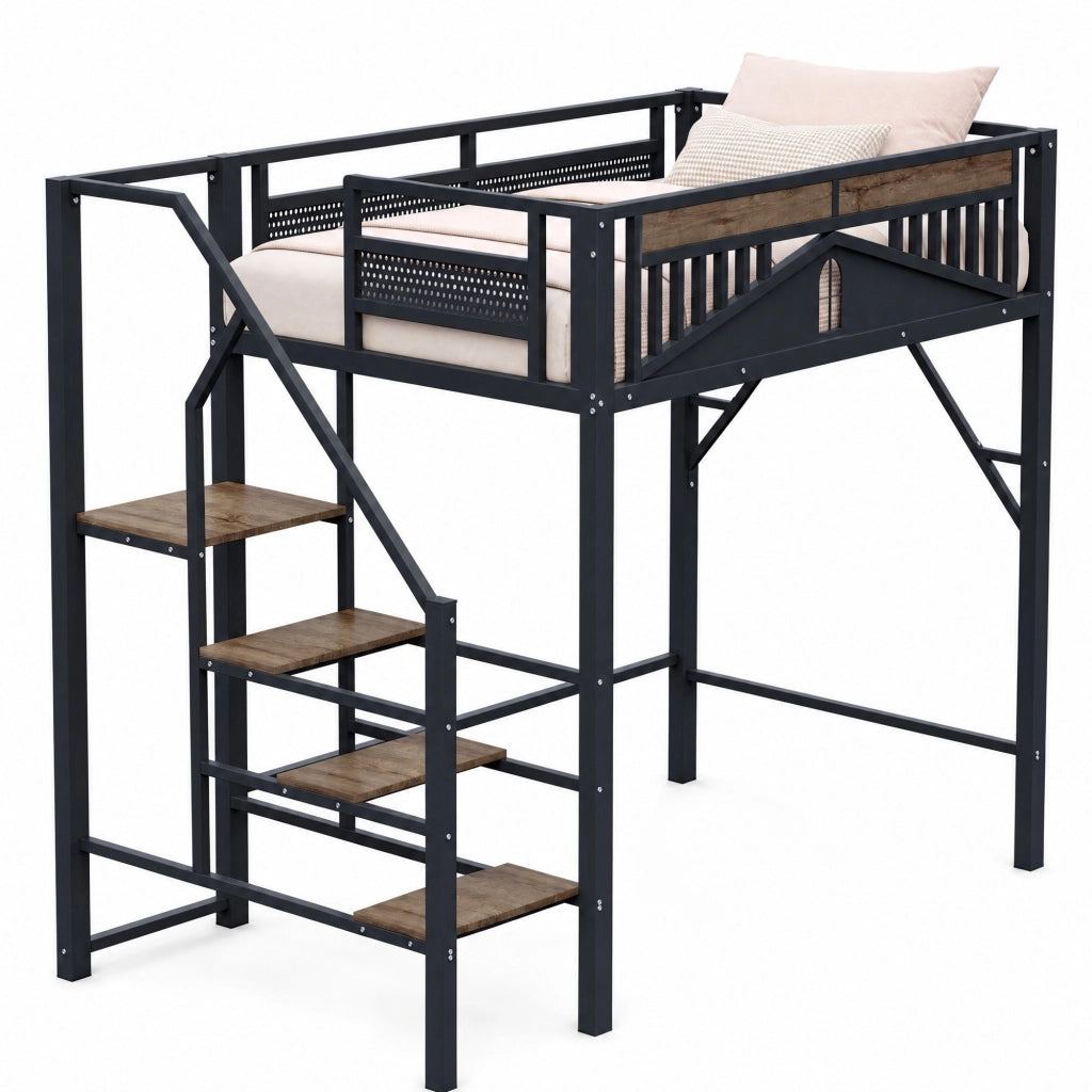 DESMIU Letto a soppalco 2 posti con scala sicura, vano portaoggetti e sponda a finestra 140 × 200 cm senza materasso