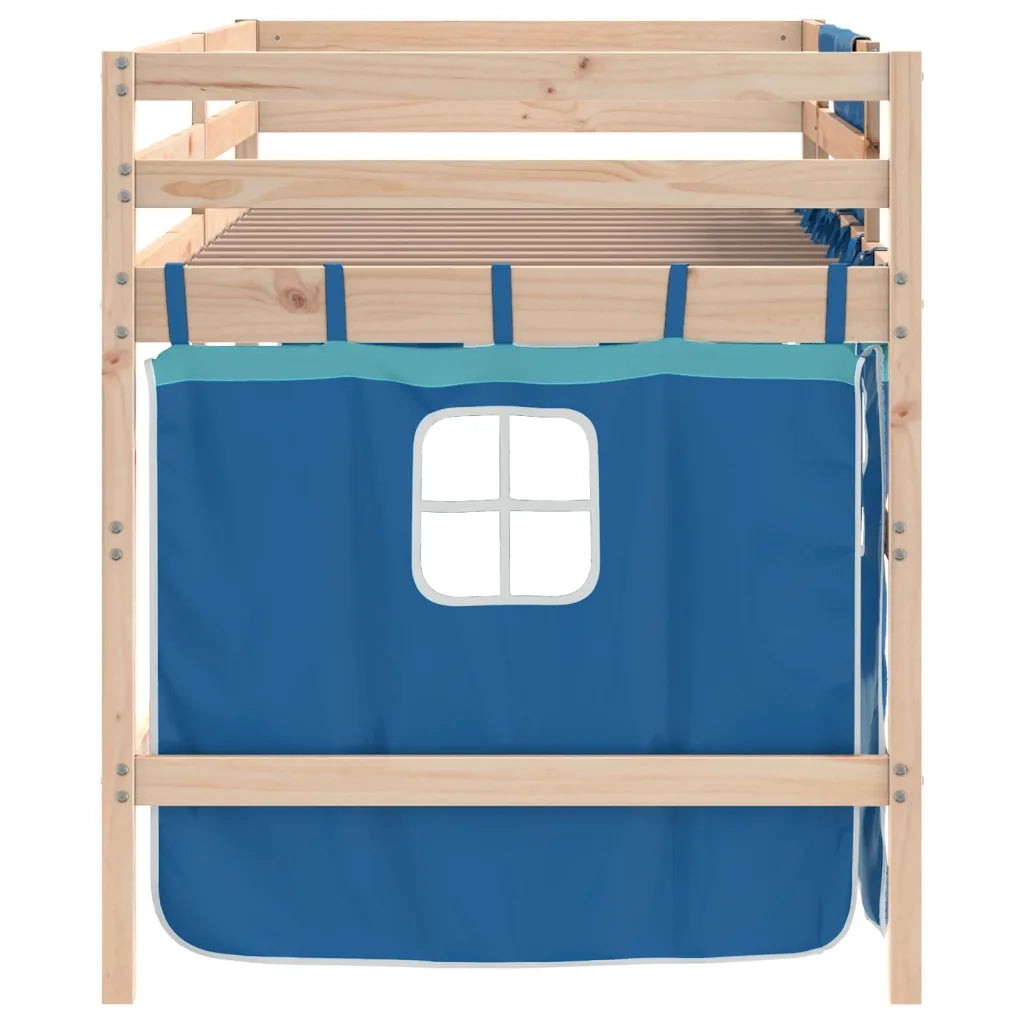 Letto a Soppalco Bambini | Letto Infantile | Lettino con Tende Blu 90x190 cm Massello Pino