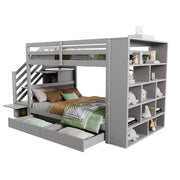 Letto a Castello 90x200 cm; Letto Singolo con Cassetti e Armadi; Scaletta; Grigio