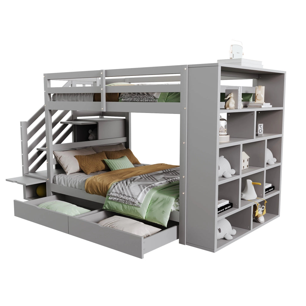 Letto a Castello 90x200 cm; Letto Singolo con Cassetti e Armadi; Scaletta; Grigio