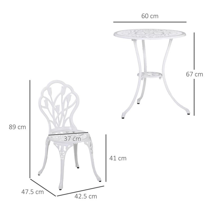 SET DA GIARDINO 3 PEZZI IN ALLUMINIO CON 2 SEDIE 42.5X47.5X89 CM E TAVOLINO ROTONDO Ø60X67 CM, BIANCO