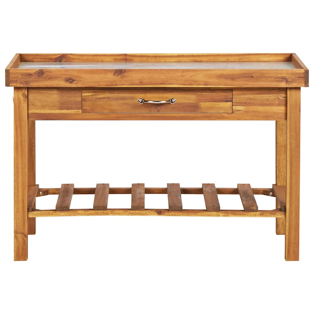 Tavolo da giardino in legno massello di acacia 100 x 50 x 60 cm con piano in zinco finitura marrone naturale 02_0045918