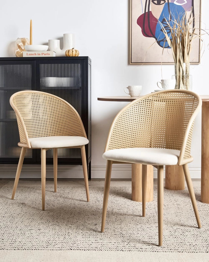 Set di 2 sedie da pranzo con seduta in tessuto e struttura in metallo nero effetto legno con intreccio viennese stile retrò soggiorno