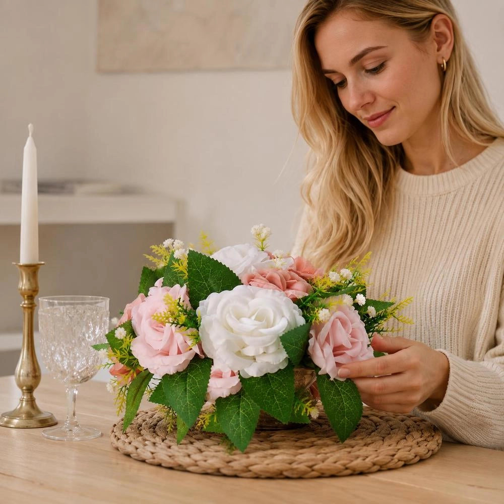 Artificial Flowers, 10 Pieces, 240x240x120 Mm, Artificial Flower Balls, Artificial Rose Arrangements For Wedding Centerpieces, Home Decoration, Table Decoration, Parties, Celebrations, Pink & White Roses