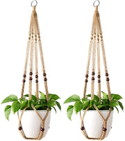 Set di 2 Pendenti a Macramé per Piante con Corda di Juta e Perle senza Spine, 89cm