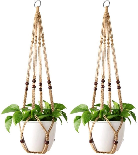 Set di 2 Pendenti a Macramé per Piante con Corda di Juta e Perle senza Spine, 89cm