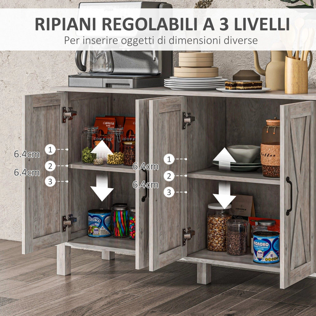Credenza Stile Rustico Mobile Basso Multiuso 4 Ante 120x37x75 cm Grigio