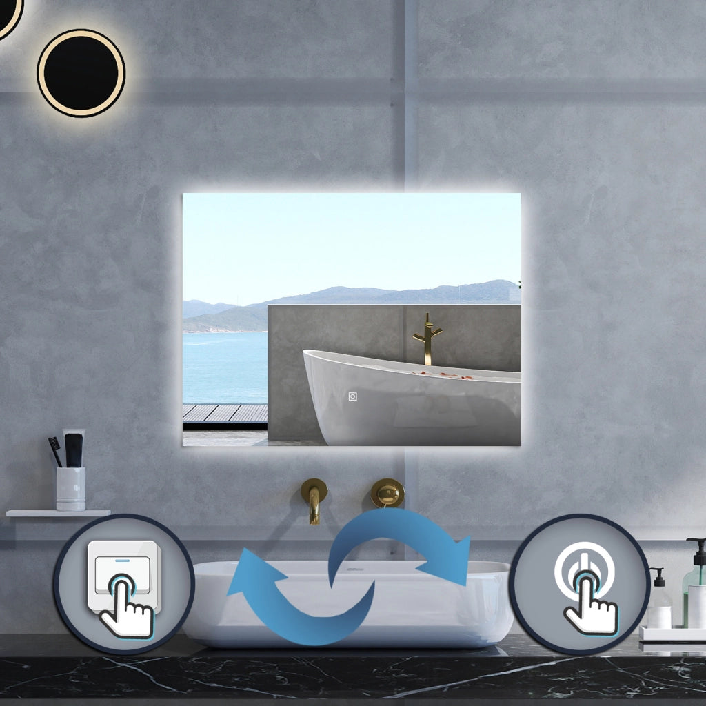 Specchio da bagno Rettangolare con 80x60cm,Memoria, Antifog,Regorabile,Retroilluminato,doppio interruttore,