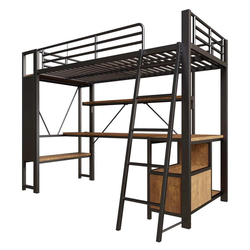 Letto a soppalco con scrivania e LED - Zephmum - 90x200 cm - Nero - USB, scaffali