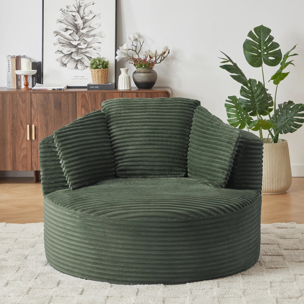 Poltrona rotonda oversize in corduroy verde, seduta profonda per soggiorno e camera